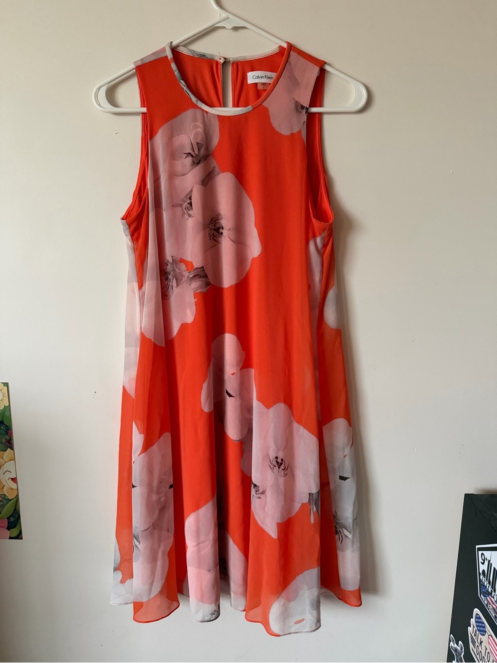 Calvin Klein Coral Red Dress with Pink Floral Overlay